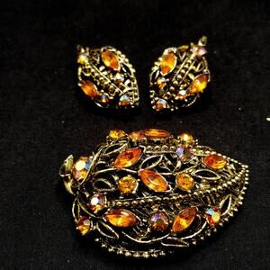 Vintage Topaz AB Rhinestone Leaf Brooch Earrings Set Domed Gold Tone